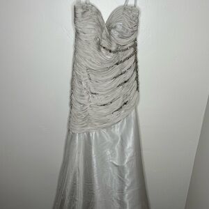 Terani Couture Silver Ruched Silky Sequin Prom Pageant Dress
